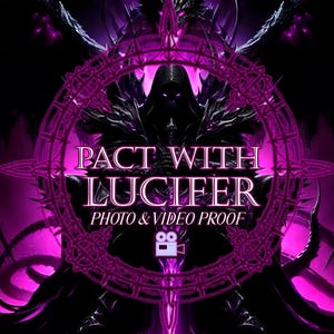 May include: A digital illustration with a dark theme. The image features a central figure in a hooded cloak, surrounded by a circular design and the text "PACT WITH LUCIFER PHOTO & VIDEO PROOF". The color scheme is primarily black and purple.