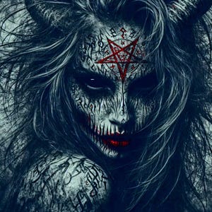 May include: A dark, monochromatic digital illustration of a figure with long, flowing hair and horns. The face features intricate black script markings, solid black eyes, and a red pentagram on the forehead. The mouth is painted with red accents.