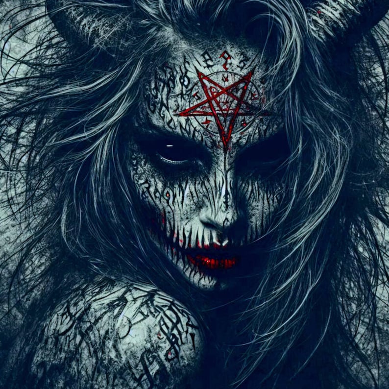 May include: A dark, monochromatic digital illustration of a figure with long, flowing hair and horns. The face features intricate black script markings, solid black eyes, and a red pentagram on the forehead. The mouth is painted with red accents.