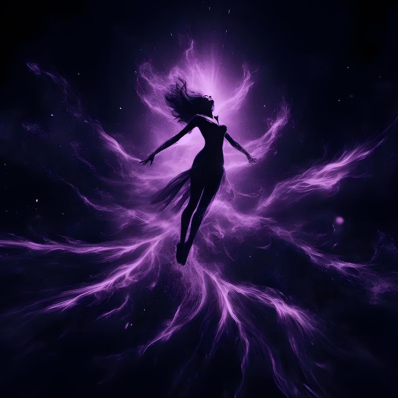May include: A silhouette of a person with outstretched arms against a backdrop of swirling purple nebulas. The figure is in a flowing dress, with hair flowing upwards. The artwork evokes a sense of freedom and cosmic energy.