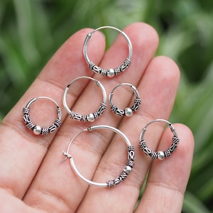 10-20 mm Balinese Ball Hoop earrings, 925 Sterling silver Unisex hoop earrings, Tribal Bali Hoops Earrings