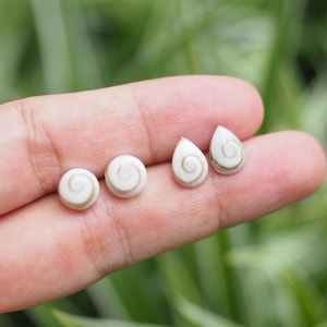 May include: Four white and tan seashell-style earrings. Two are round, and two are teardrop-shaped. Each earring features a spiral design in the center. The earrings are small and delicate, perfect for everyday wear.