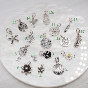 Pode incluir: Uma coleção de pingentes prateados, incluindo designs de estrela, flor, árvore, cacto, abacaxi e pena. Os pingentes são exibidos em uma superfície branca, mostrando várias formas e texturas. Adequado para a criação de joias.