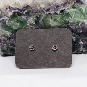 Può includere: Un paio di piccoli orecchini a bottone a forma di fiore argentato. Ogni orecchino presenta un design floreale dettagliato con più petali. Gli orecchini sono esposti su una superficie rettangolare grigio scuro, con uno sfondo di pietra verde e viola.