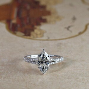 1.5 Carat Marquise Cut  Engagement Ring, White Gold Split Shank Band, Elongated Diamond Wedding Jewelry, Unique Pavé Solitaire Piece