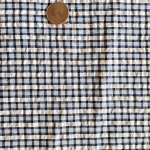 May include: A white fabric with a blue and white checked pattern. The fabric has a slightly wrinkled texture.