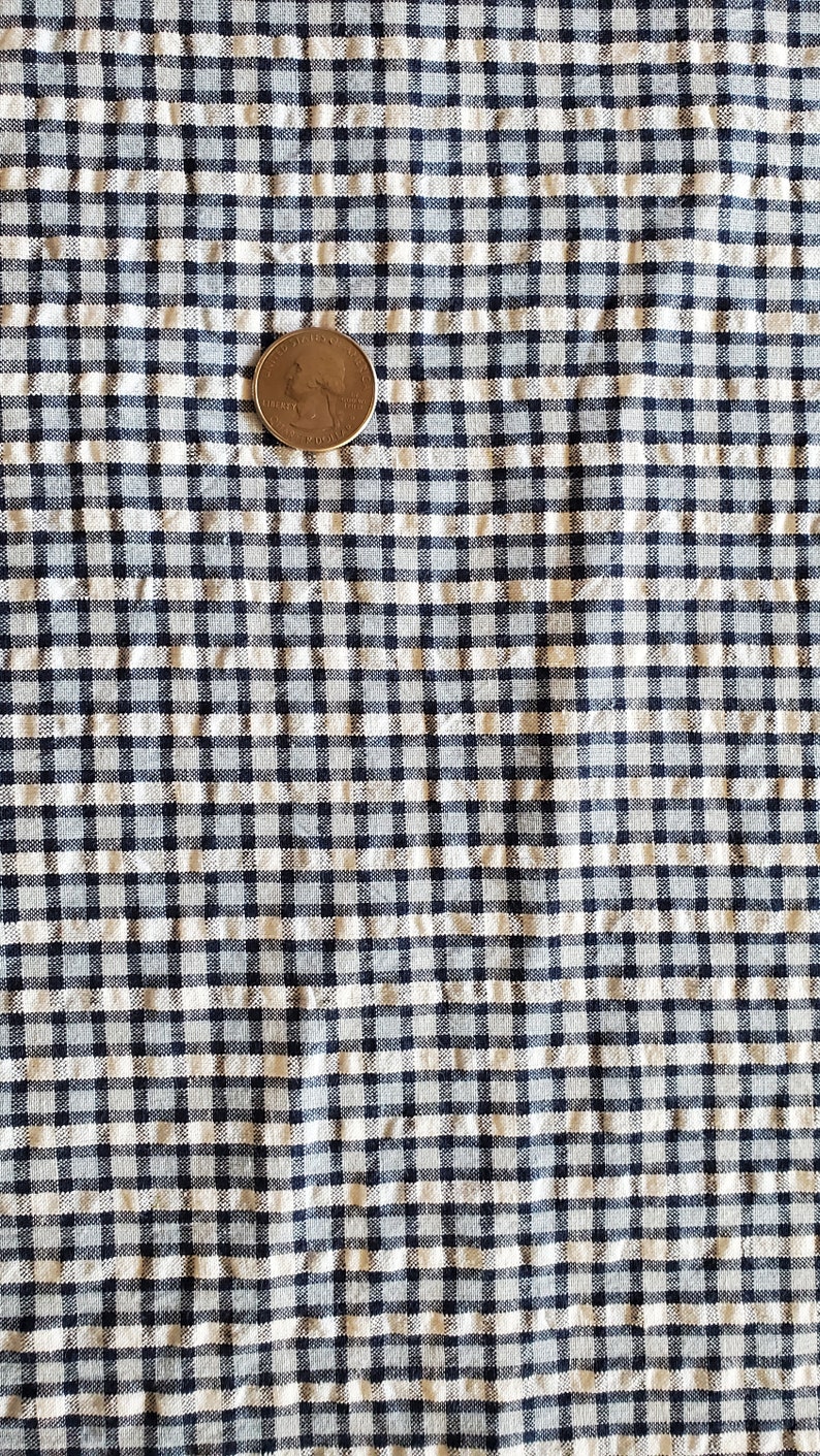 May include: A white fabric with a blue and white checked pattern. The fabric has a slightly wrinkled texture.