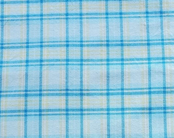 May include: A blue and white checkered fabric with a subtle texture. The fabric has a light blue background with white and light blue stripes.