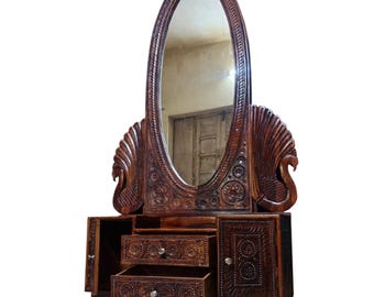 Hand Carved Teak Wood Dressing Table with Mirror Frame