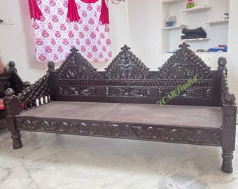 Indian Teak Wood Hand Carved Three Seater Diwan | Sofa Bench | Brown Wooden Day bed