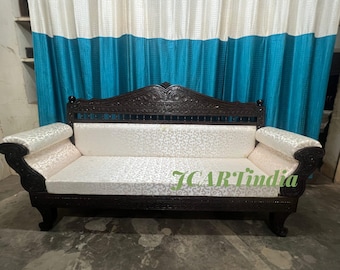 Hand Carved Teak Wood Diwan | Indian Mughal Style Sofa Bench