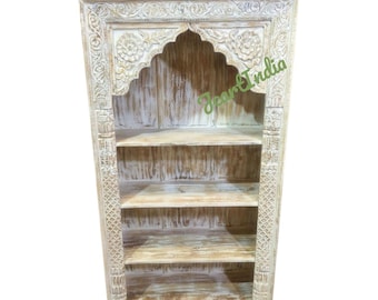 Hand Carved Bookcase | Wooden Book Self | Whitewashed Book Storage For Ofice And Library