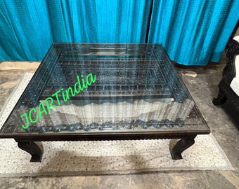 Handcrafted Teak Wood Coffee Table With Glass Top | Large Size