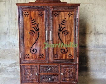 Indian Handcarved Teak Wood Home Temple: Rosewood Pooja Mandir Cabinet