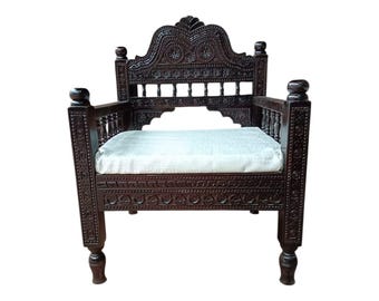 Hand Carved Mango Wood Chair: Indian Teak Traditional Design Poda Chair