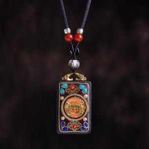 Handmade Tibetan Sandalwood Pendant | Buddhist Protection Amulet | Carved Wood with Turquoise & Brass Inlay | Spiritual Meditation Jewelry