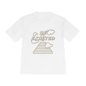 May include: White t-shirt featuring the text "BE EXALTED" in a stylized font, with a staircase and cloud graphics. The design uses a neutral colour palette, offering a simple yet striking visual.