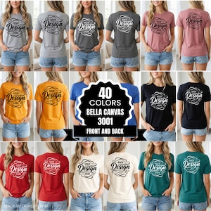 Könnte beinhalten: Eine Auswahl an Bella Canvas 3001 T-Shirts in verschiedenen Farben, die Designs auf Vorder- und Rückseite zeigen. Jedes Shirt hat den Text "Your Design Here" auf der Vorderseite und "Back Design" auf der Rückseite. Das Bild zeigt die Verfügbarkeit von 40 verschiedenen Farben.
