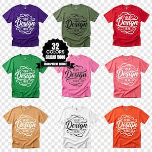 May include: A collection of Gildan 5000 t-shirts in various colors, including purple, green, red, pink, and orange. Each shirt features the text "Your Design Here" in a decorative script. The image also includes a graphic indicating 32 colors are available.