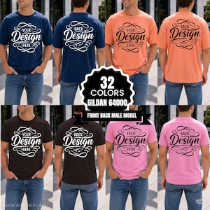 Könnte beinhalten: Eine Auswahl an T-Shirts in verschiedenen Farben, jeweils mit dem Text "Your Design Here" auf der Vorderseite und "Back Design" auf der Rückseite. Das Bild zeigt eine Reihe von Farbtönen, darunter Marineblau, Orange, Braun und Rosa. Der Text "32 FARBEN GILDAN 64000" ist ebenfalls sichtbar.