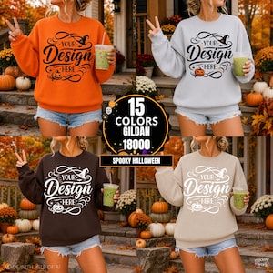May include: A collection of four Gildan 18000 crewneck sweatshirts in orange, light gray, dark brown, and beige. Each sweatshirt features a black or white graphic with the text YOUR DESIGN HERE, a witch hat, and a pumpkin illustration.