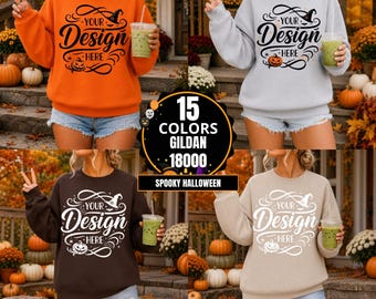Pacchetto di 15 mockup Gildan 18000 / Mockup modello maglione oversize G180 / Mockup felpa girocollo Gildan Pacchetto autunnale Halloween Autunno