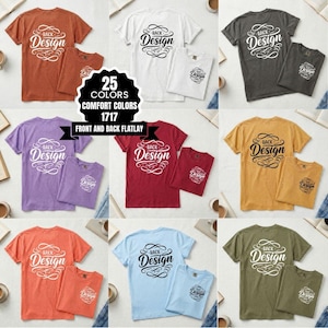 May include: A selection of t-shirts in diverse colours, each displaying the text "BACK Design" in an elegant script. The image presents a front and back flatlay of the shirts, emphasizing the design and colour options.