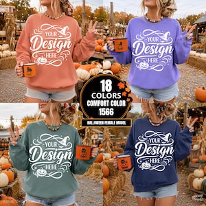 Könnte beinhalten: Vier Rundhals-Sweatshirts in Pfirsich, Lila, Blaugrün und Marineblau, jeweils mit weißem Grafiktext YOUR DESIGN HERE, einem Hexenhut und einer Kürbisillustration. Jedes Sweatshirt wird mit einer passenden orangefarbenen Kürbistasse kombiniert.