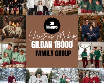May include: A collection of Christmas family photographs. The images show families in festive settings, such as near Christmas trees and fireplaces. Text on the image reads "30 images Christmas Mockups GILDAN 18000 FAMILY GROUP."