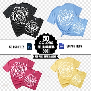 Puede incluir: Una colección de camisetas en varios colores, incluyendo negro, azul, rosa y amarillo. Cada camiseta presenta el texto "Back Design" y "Your Design Here" en una fuente cursiva. La imagen también incluye texto que indica 50 colores, archivos PSD y PNG.
