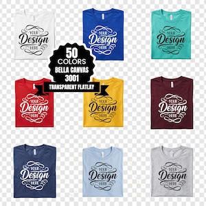 May include: A selection of t-shirts in diverse colours, such as white, blue, red, yellow, teal, and burgundy. Each shirt displays the text "Your Design Here" in an elegant script. The image also includes text indicating the shirts are Bella Canvas 3001, available in 50 colours.