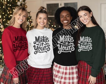 Gildan 18000 Girls Group Matching  Mockup, G180 Black White Red Forest Green Sweatshirt Crewneck Mock-up, Holiday Winter Christmas Mockup