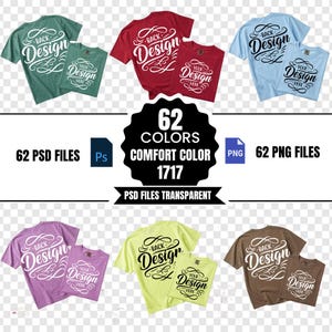 May include: A collection of t-shirts in various colors, including green, red, and blue, each featuring the text "Back Design" and "Your Design Here." The image also includes text indicating 62 colors, PSD and PNG files.