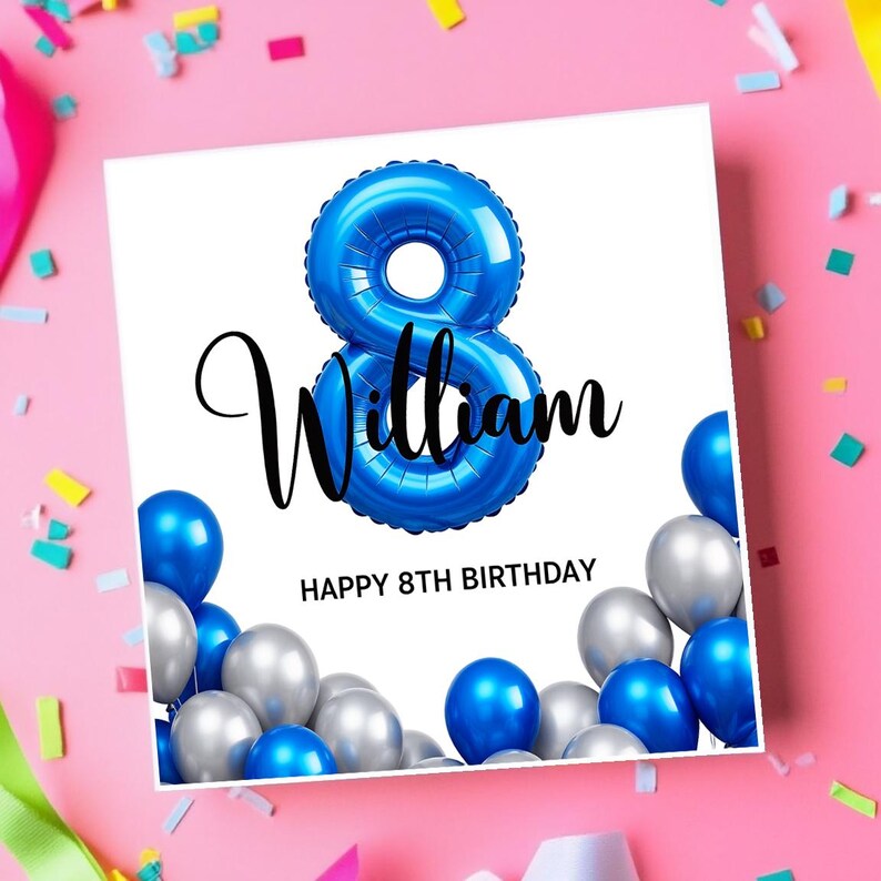 Personalised 8th Birthday Card for Boy, Custom Name Blue Balloon Card