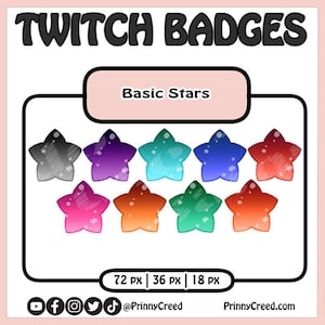 May include: A set of eight colorful star-shaped Twitch badges in various sizes, including 72 pixels, 36 pixels, and 18 pixels. The badges feature a gradient color scheme with white stars on a dark background.