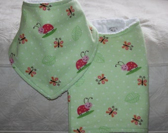 Ladybug Baby Bandana Drool Bib and Ladybug Burp Cloth with a Green Ladybug Flannel and Terry Cloth for Baby Lovebug Gift Nursery Ladybug