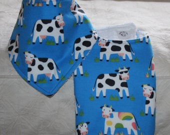 Cow Baby Burp Cloth and Cow Bandana Drool Bib with Cows on a Blue Flannel and Terry for a Farm Baby  Gift Baby Cow Nursery Gift