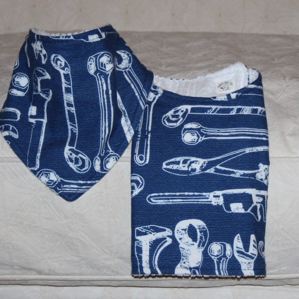 Tools Baby Boy Mechanic Baby Bandana Bib and Tools Burp Cloth with Blue Tools Flannel & Terry for Car Baby Boy Gift or Tools Nursery Theme