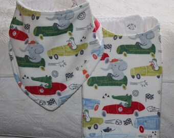 Race Cars Baby Boy Drool Bandana Bib and Race Car Burp Cloth with Animal Racing Cars Flannel & Terry Cloth for Boy Cars Shower Gift