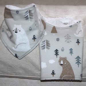 Bear Baby Bandana Drool Bib & Bear Baby Flannel Baby  Bear Burp Cloth with Terry Cloth for Bear Baby Gift Woodland Theme Nursery Bear Gift