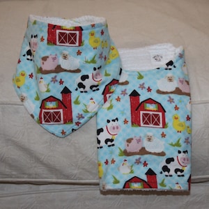 Farm Baby Bib Bandana Drool Bib and Farm Burp Cloth with a Farm Animals Tractor Flannel & Terry Cloth for Farm Boy or Farm Life Baby Girl