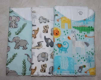 Jungle Safari Burp Cloth Set, Flannel & Terry Cloth, Baby Shower Gift