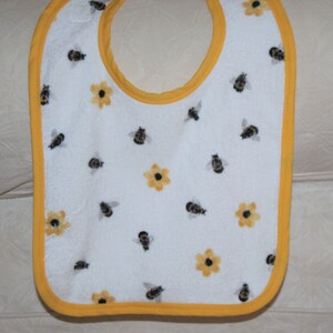 Bee Baby Bib with Flower and Bee Print Terry Cloth and Gold Trim for Baby Girl Bee Bib Bee Baby Girl Nursery Baby Girl Bee Gift