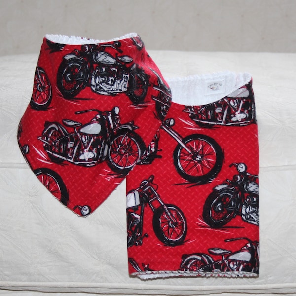 Motorcycle Baby Bandana Drool Bib and Motorcycle Burp Cloth with Motorcycle Red Flannel and Terry Cloth for Baby Boy Biker Baby Gift