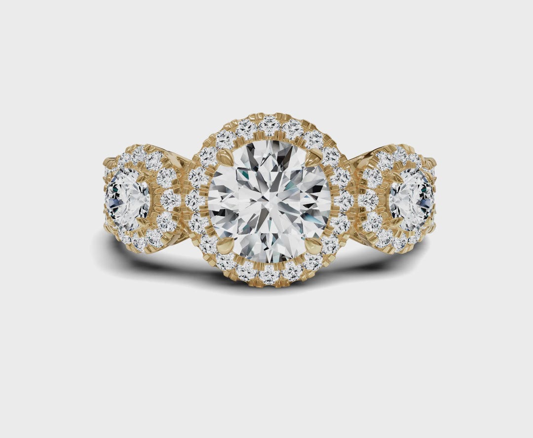 Round Cut Three Stone Engagement Ring With Halo , Lab Grown Diamond ...