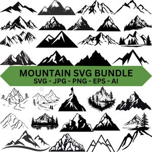 Pode incluir: Uma coleção de ilustrações de montanhas em preto e branco em vários estilos. A imagem inclui uma faixa verde com o texto "MOUNTAIN SVG BUNDLE" e informações sobre o tipo de arquivo: SVG, JPG, PNG, EPS e AI.