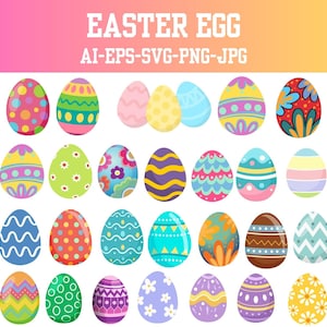 Pode incluir: Uma coleção de designs coloridos de ovos de Páscoa. Cada ovo apresenta padrões únicos, incluindo bolinhas, listras, motivos florais e formas geométricas. A imagem inclui o texto "EASTER EGG" e opções de tipo de arquivo.