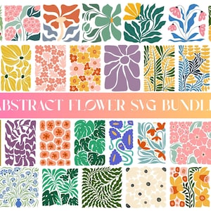 Può includere: Una collezione di disegni floreali astratti colorati in una varietà di forme e colori. I disegni includono fiori, foglie e altri elementi botanici. Il testo "ABSTRACT FLOWER SVG BUNDLE" è visualizzato su uno striscione sfumato rosa e giallo.