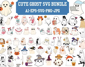 Pacote de SVG de Fantasma Fofo de Halloween, Fantasma fofo com abóbora, Fantasma Assustador, Pacote de SVG de Fantasma Fofo em PNG, Fantasma Lendo SVG, Latte de Abóbora, Arquivos AI Cortados