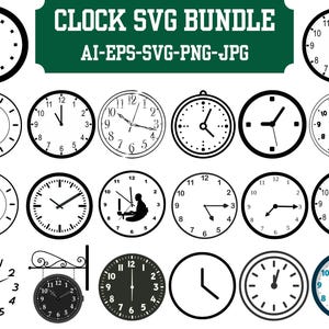 May include: A collection of black and white clock designs in a variety of styles. The image includes clocks with Roman numerals, simple lines, and a clock with a person working on a computer. The text "CLOCK SVG BUNDLE" is at the top.